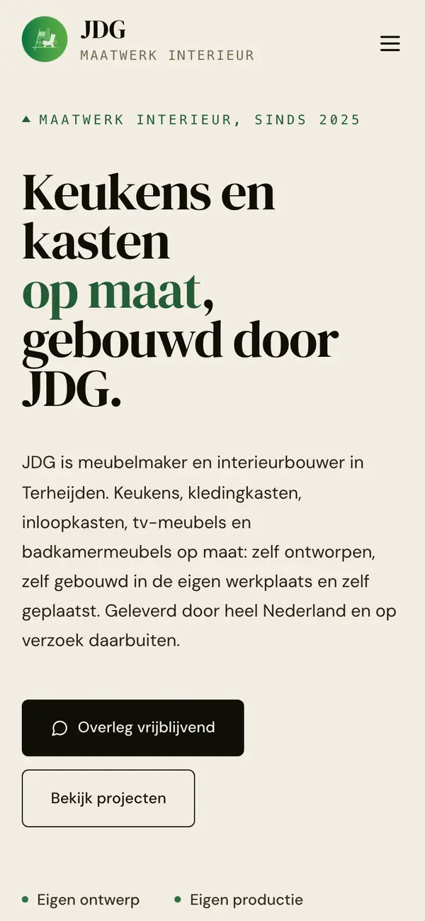 Voorpagina van JDG Maatwerk Interieur op een telefoon: keukens en kasten op maat, gebouwd door JDG in Terheijden.