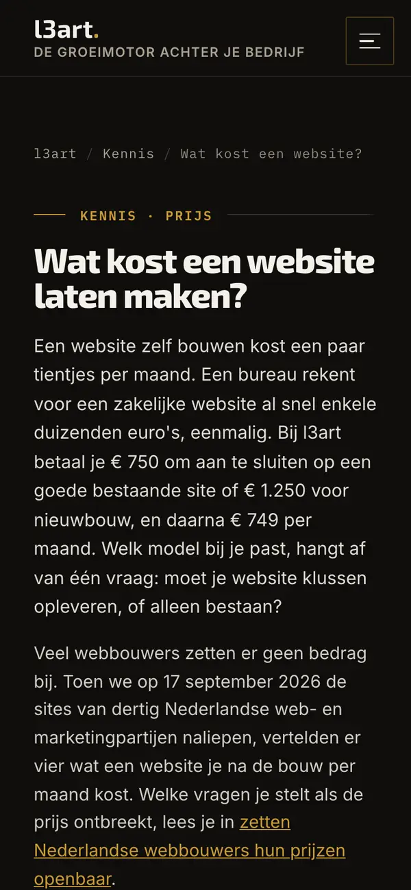 De gids Wat kost een website laten maken? op een telefoon: de kop en daaronder het antwoord met € 750 aansluiten, € 1.250 nieuwbouw en € 749 per maand.
