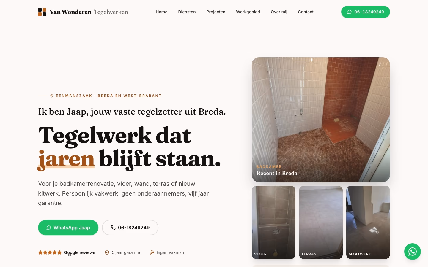 Van Wonderen Tegelwerken, de homepage