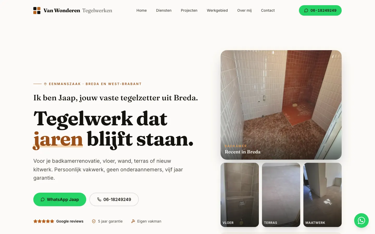 De homepage van wonderentegelwerken.nl: Ik ben Jaap, jouw vaste tegelzetter uit Breda